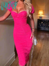 Lunivop High Quality Summer Women’s Puff Sleeve Mesh Pleated Midi Dress With Pads Sexy Party